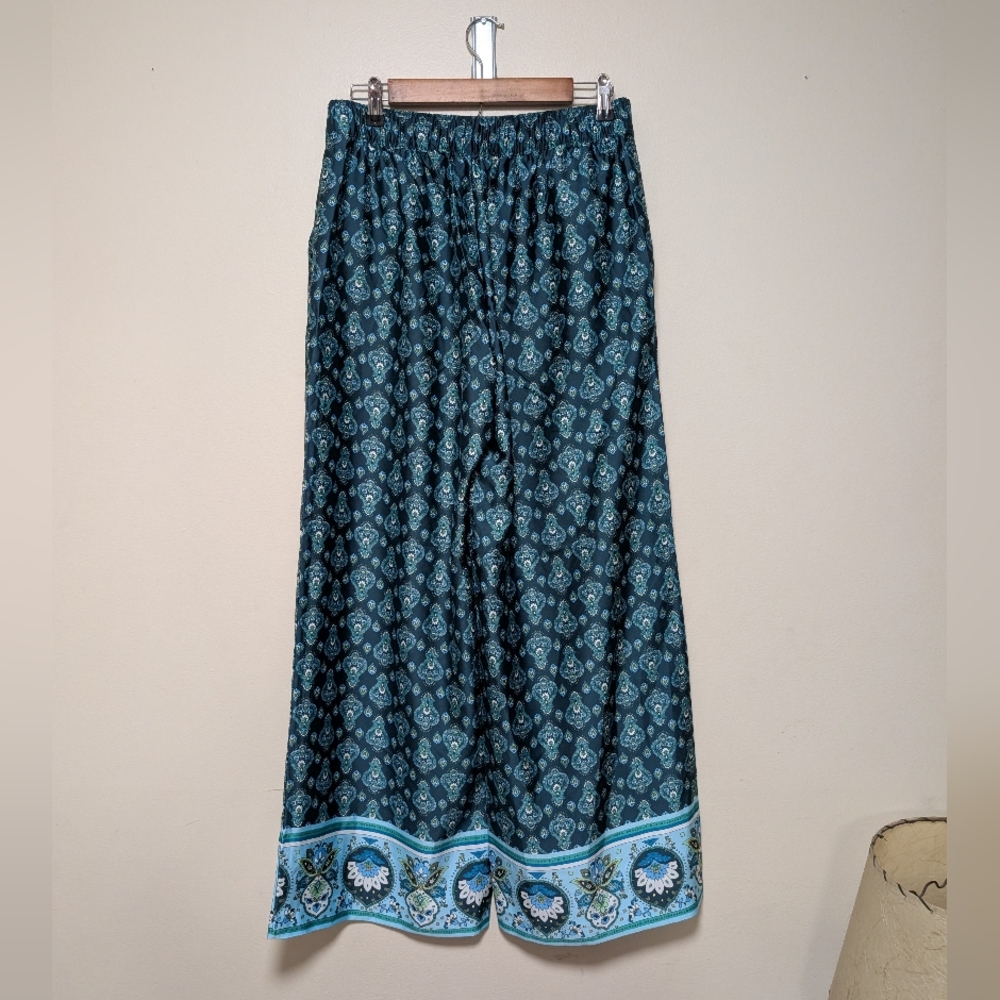 LOFT Paisley Print Midi Skirt Blue Green Elastic Waist Size S - Picture 10 of 10